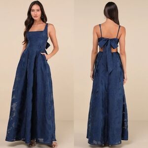 Lulus Perfected Aura Navy Jacquard Tie-Back Maxi Dress with Pockets Wedding Prom